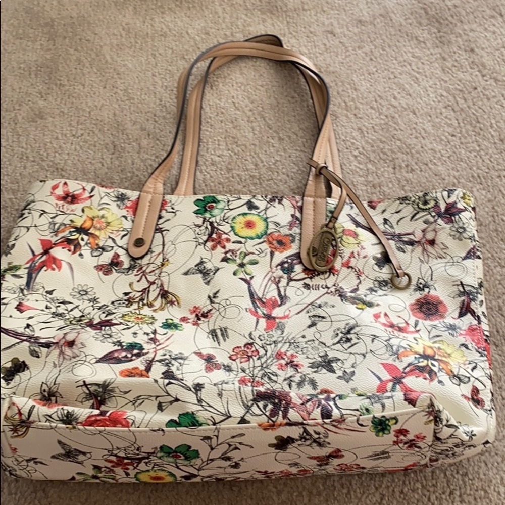 Vinyl floral bag with leather straps